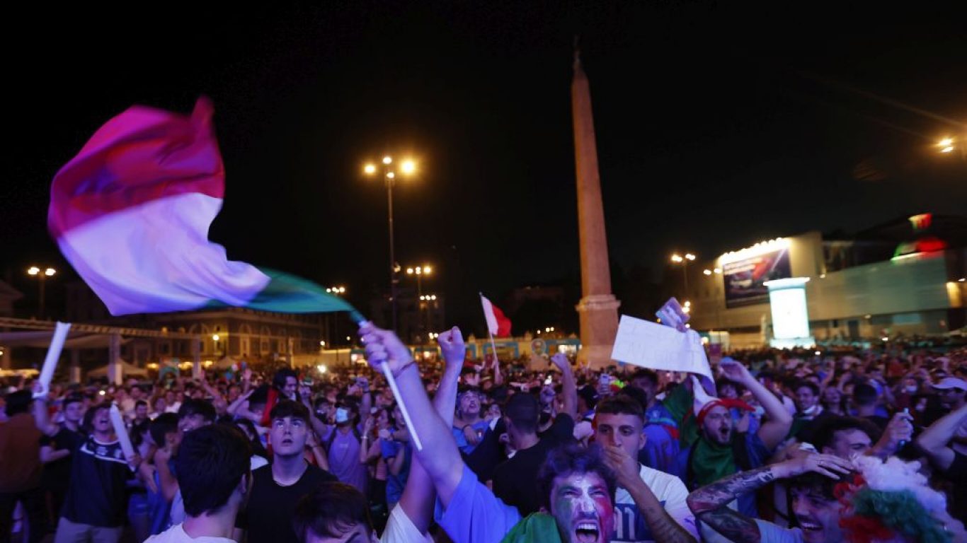 Italian fans watch Belgium v Italy match from a giant screen in Rome